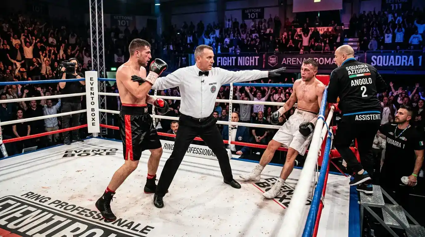 Arbitro che ferma un incontro di boxe per Technical Knockout su ring regolamentare