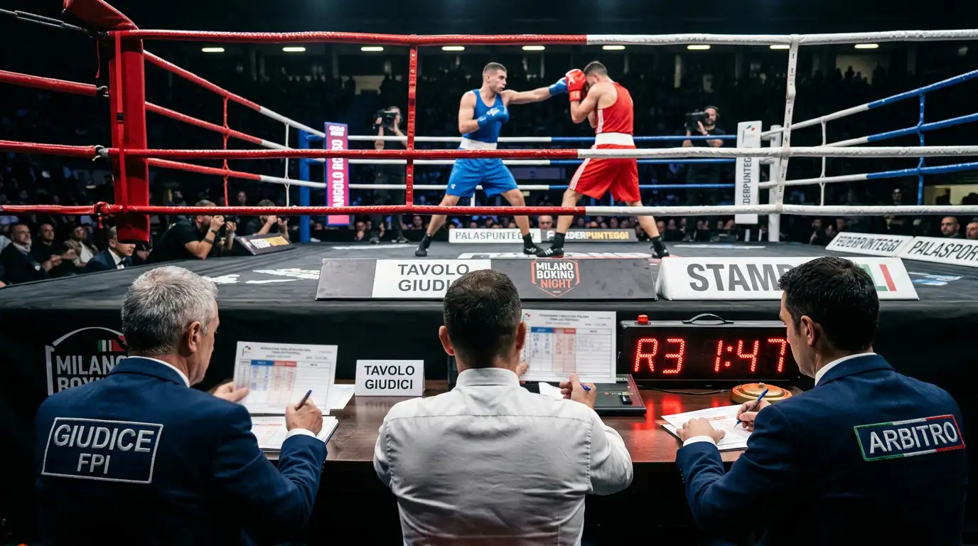 Giudici a bordo ring che valutano i punti durante un incontro di boxe
