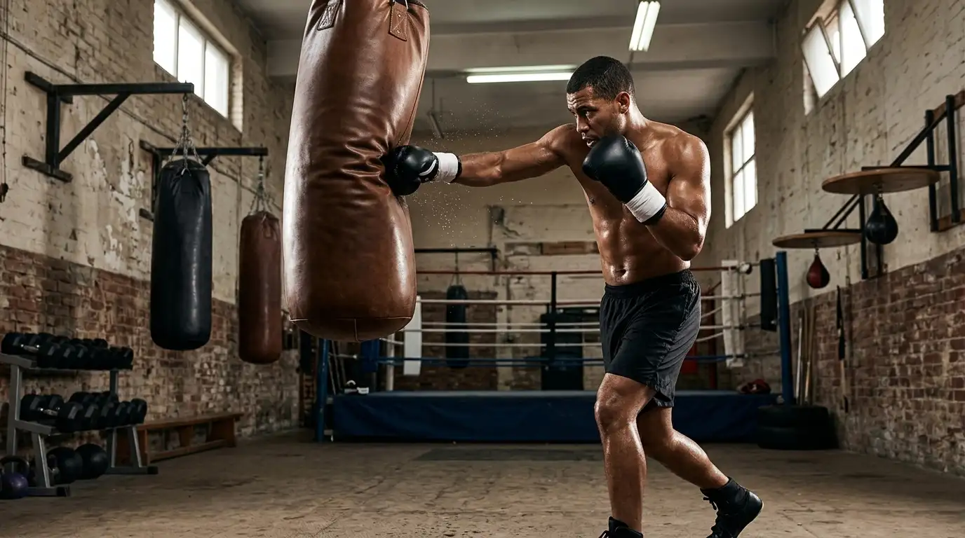 Pugile durante un allenamento di potenza sul sacco pesante in palestra di boxe