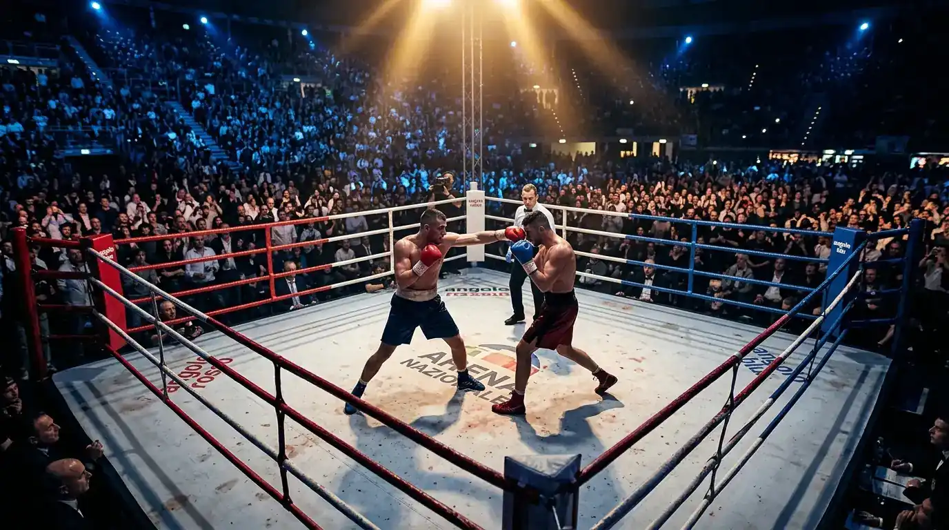 Scommesse boxe live: schermo con quote in tempo reale durante un incontro di pugilato