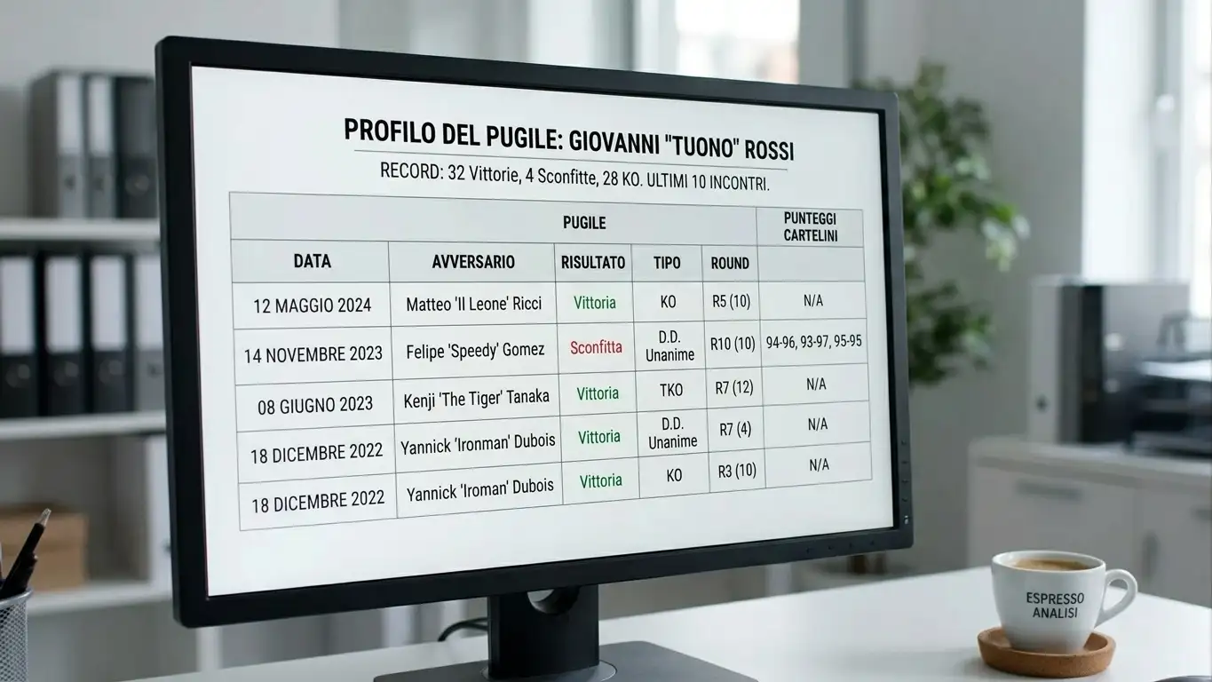 Storico degli incontri di un pugile con statistiche utili per le scommesse